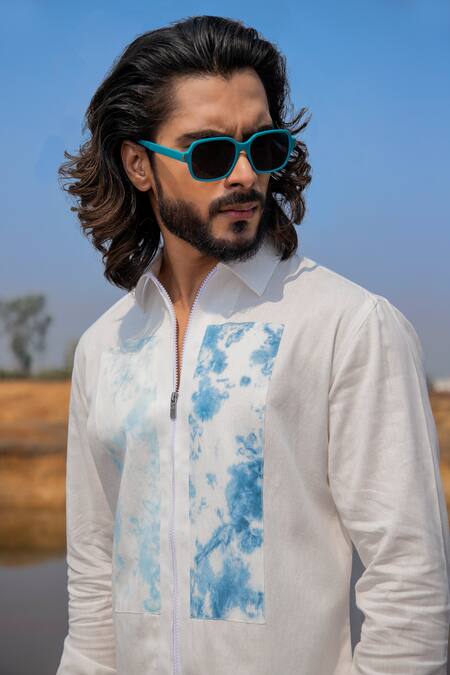 Shop_Runit Gupta_White Cotton, Linen Blue Dyed Panel Shirt _Online_at_Aza_Fashions
