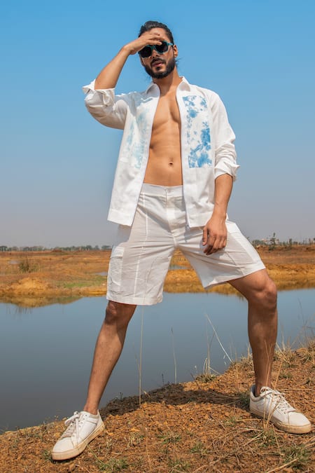 Runit Gupta_White Cotton, Linen Blue Dyed Panel Shirt _at_Aza_Fashions