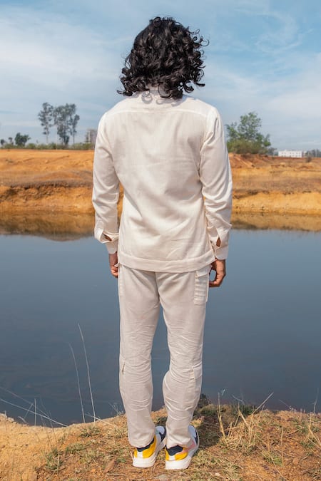 Shop_Runit Gupta_White Cotton, Linen Placed Dyed Panel Shacket _at_Aza_Fashions