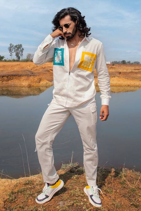 Runit Gupta_White Cotton, Linen Placed Dyed Panel Shacket _Online_at_Aza_Fashions