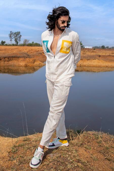 Buy_Runit Gupta_White Cotton, Linen Placed Dyed Panel Shacket _Online_at_Aza_Fashions