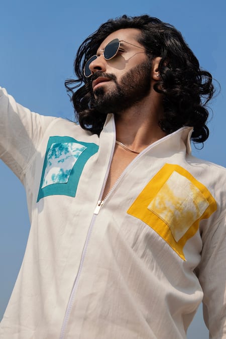 Shop_Runit Gupta_White Cotton, Linen Placed Dyed Panel Shacket _Online_at_Aza_Fashions