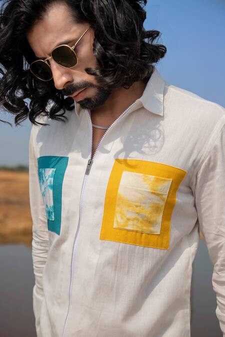 Runit Gupta_White Cotton, Linen Placed Dyed Panel Shacket _at_Aza_Fashions