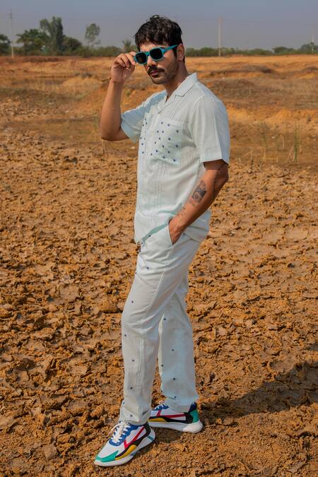 Shop_Runit Gupta_Blue Cotton, Linen Beads Evil Eye Embroidered Shirt _at_Aza_Fashions