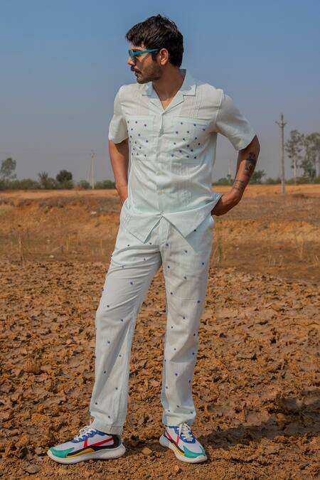 Runit Gupta_Blue Cotton, Linen Beads Evil Eye Embroidered Shirt _Online_at_Aza_Fashions