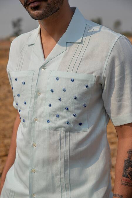 Buy_Runit Gupta_Blue Cotton, Linen Beads Evil Eye Embroidered Shirt _Online_at_Aza_Fashions