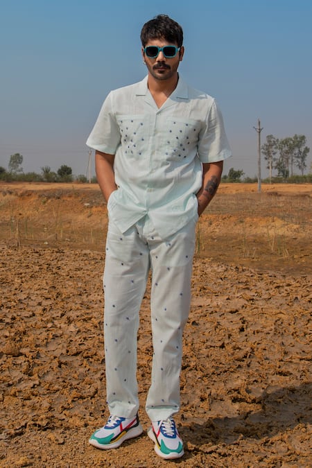 Shop_Runit Gupta_Blue Cotton Linen Embroidered Bead Evil Eye Pant _at_Aza_Fashions