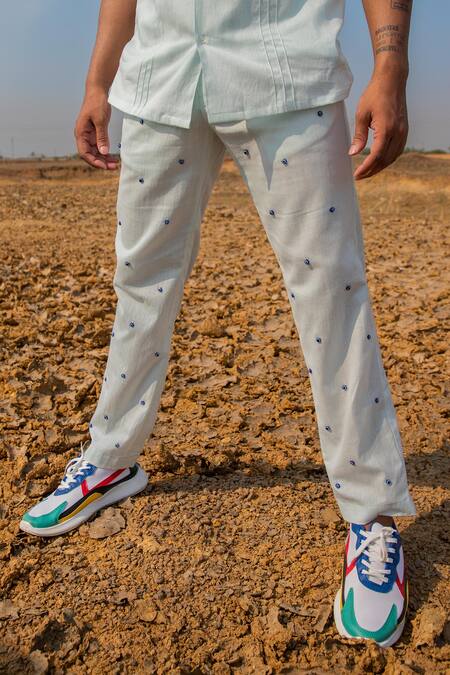 Runit Gupta_Blue Cotton Linen Embroidered Bead Evil Eye Pant _Online_at_Aza_Fashions