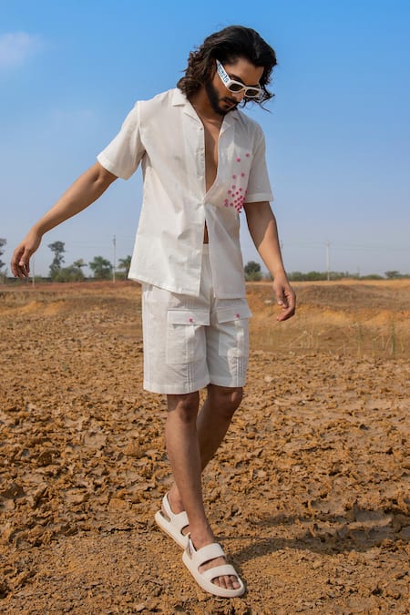 Shop_Runit Gupta_White Cotton Beads Embroidered Pintuck Shorts _at_Aza_Fashions