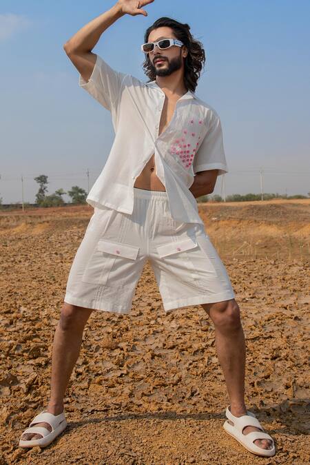 Runit Gupta_White Cotton Beads Embroidered Pintuck Shorts _Online_at_Aza_Fashions