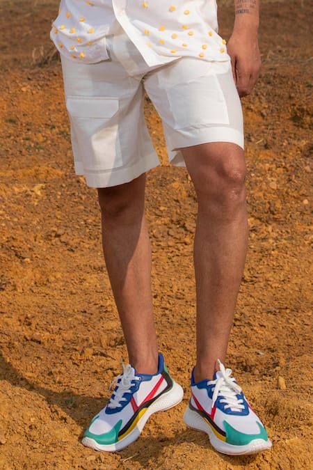 Runit Gupta_White Cotton Flap Pocket Shorts _Online_at_Aza_Fashions