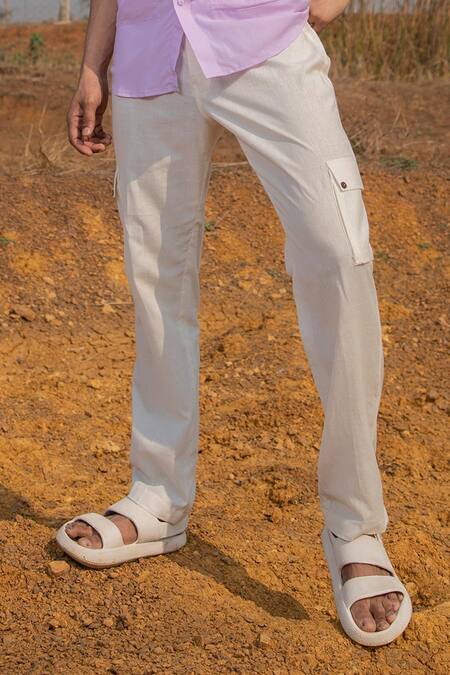 Runit Gupta_White Cotton Linen Solid Straight Pyjama _Online_at_Aza_Fashions