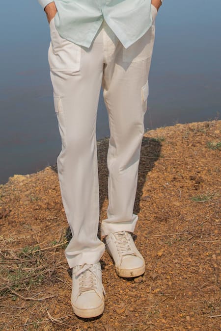 Runit Gupta_White Cotton Linen Solid Straight Pant _Online_at_Aza_Fashions