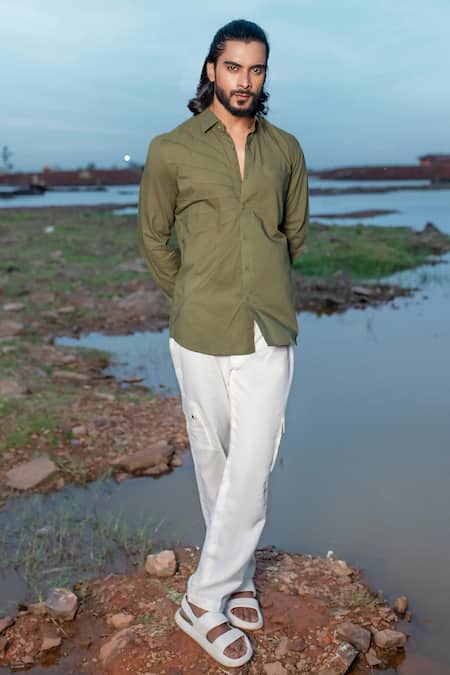 Runit Gupta Green Cotton Pleated Detailed Shirt Online at Aza Fashions Runit Gupta_Green Cotton Pleated Detailed Shirt _Online_at_Aza_Fashions