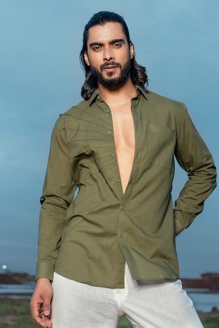 Buy Runit Gupta Green Cotton Pleated Detailed Shirt Online at Aza Fashions Buy_Runit Gupta_Green Cotton Pleated Detailed Shirt _Online_at_Aza_Fashions