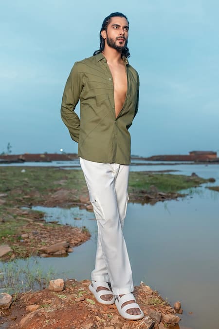 Shop Runit Gupta Green Cotton Pleated Detailed Shirt Online at Aza Fashions Shop_Runit Gupta_Green Cotton Pleated Detailed Shirt _Online_at_Aza_Fashions