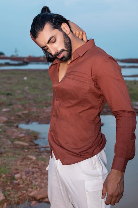 Shop_Runit Gupta_Brown Cotton Hand Dyed Pleated Shirt _at_Aza_Fashions