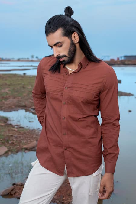Runit Gupta_Brown Cotton Hand Dyed Pleated Shirt _Online_at_Aza_Fashions