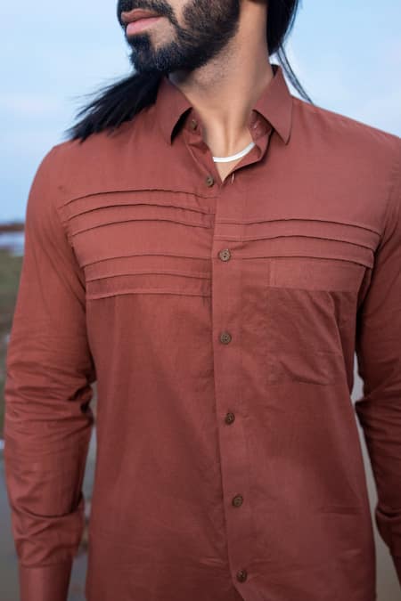 Buy_Runit Gupta_Brown Cotton Hand Dyed Pleated Shirt _Online_at_Aza_Fashions