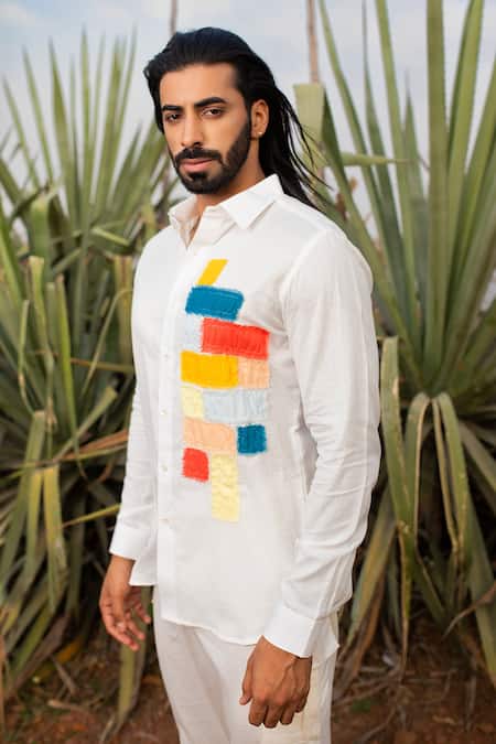 Shop_Runit Gupta_Multi Color Cotton, Linen Fringe Hand Dyed Patchwork Shirt _at_Aza_Fashions