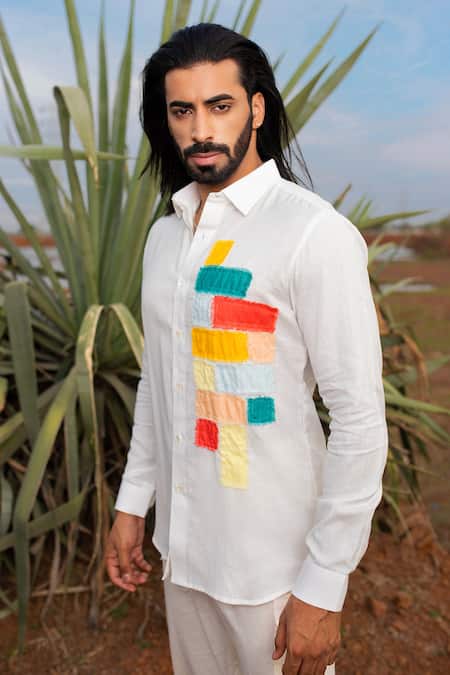 Runit Gupta_Multi Color Cotton, Linen Fringe Hand Dyed Patchwork Shirt _Online_at_Aza_Fashions