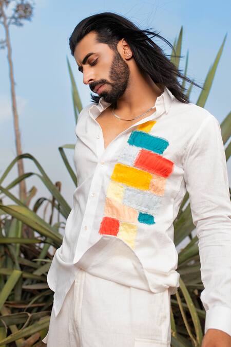 Buy_Runit Gupta_Multi Color Cotton, Linen Fringe Hand Dyed Patchwork Shirt _Online_at_Aza_Fashions