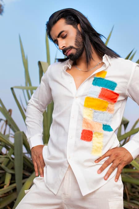 Shop_Runit Gupta_Multi Color Cotton, Linen Fringe Hand Dyed Patchwork Shirt _Online_at_Aza_Fashions