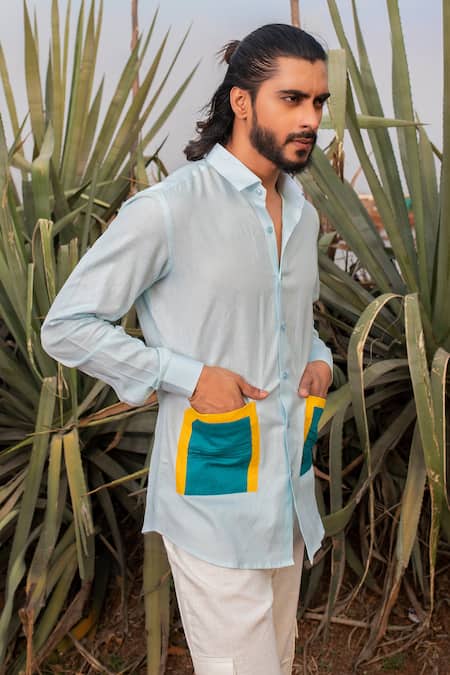 Shop_Runit Gupta_Blue Cotton, Linen Color Block Patch Pocket Shirt _at_Aza_Fashions