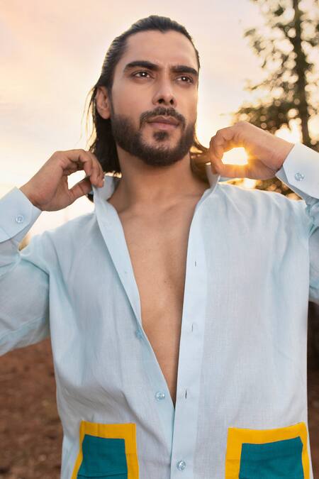 Runit Gupta_Blue Cotton, Linen Color Block Patch Pocket Shirt _Online_at_Aza_Fashions