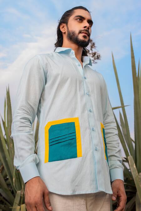 Shop_Runit Gupta_Blue Cotton, Linen Color Block Patch Pocket Shirt _Online_at_Aza_Fashions