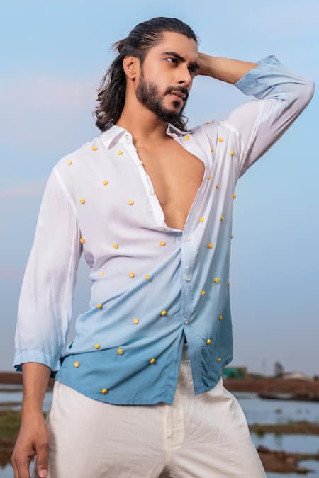Runit Gupta White Tencel Beads Ombre Embroidered Shirt Online at Aza Fashions Runit Gupta_White Tencel Beads Ombre Embroidered Shirt _Online_at_Aza_Fashions