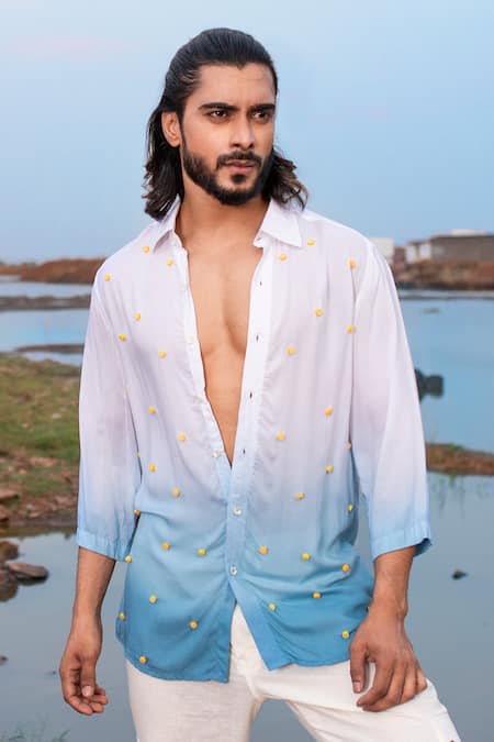 Shop Runit Gupta White Tencel Beads Ombre Embroidered Shirt Online at Aza Fashions Shop_Runit Gupta_White Tencel Beads Ombre Embroidered Shirt _Online_at_Aza_Fashions