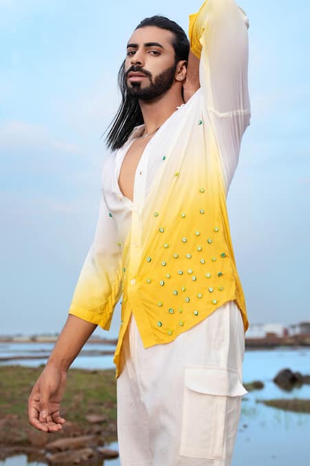 Shop_Runit Gupta_White Tencel Beads Embroidered Ombre Shirt _at_Aza_Fashions