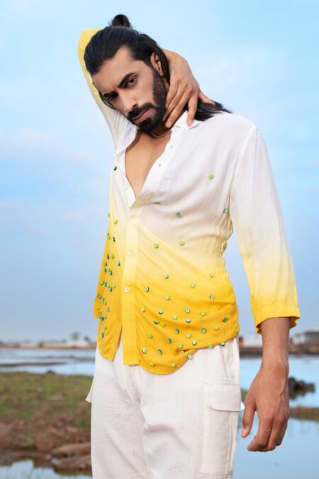 Runit Gupta_White Tencel Beads Embroidered Ombre Shirt _Online_at_Aza_Fashions
