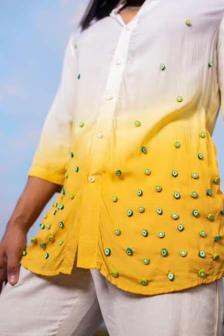 Shop_Runit Gupta_White Tencel Beads Embroidered Ombre Shirt _Online_at_Aza_Fashions