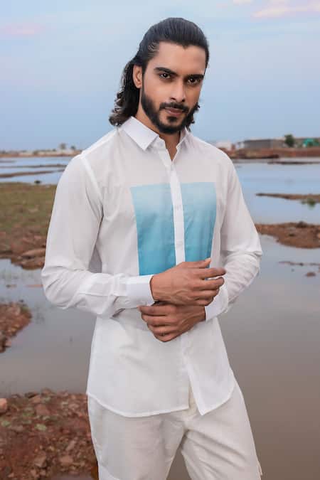 Runit Gupta_White Cotton Patch Ombre Shirt _Online_at_Aza_Fashions