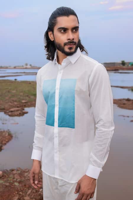 Buy_Runit Gupta_White Cotton Patch Ombre Shirt _Online_at_Aza_Fashions