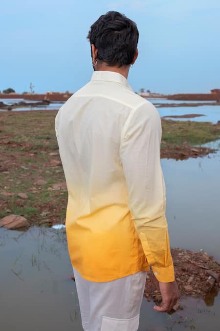 Shop_Runit Gupta_White Cotton Hand Dyed Ombre Shirt _at_Aza_Fashions