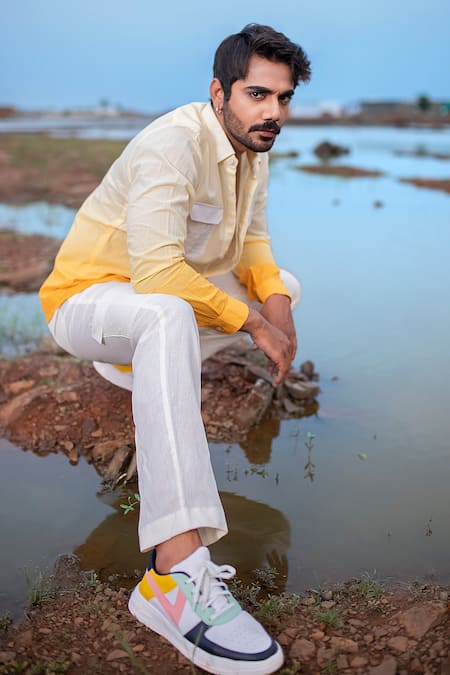 Runit Gupta_White Cotton Hand Dyed Ombre Shirt _Online_at_Aza_Fashions