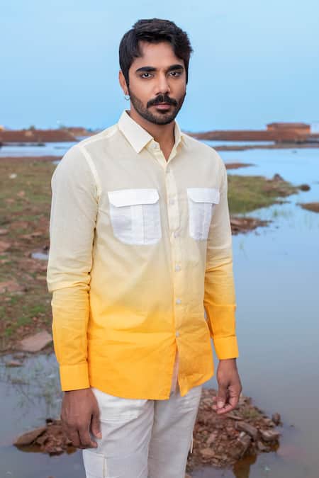 Buy_Runit Gupta_White Cotton Hand Dyed Ombre Shirt _Online_at_Aza_Fashions