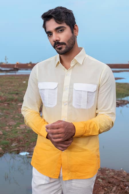 Shop_Runit Gupta_White Cotton Hand Dyed Ombre Shirt _Online_at_Aza_Fashions