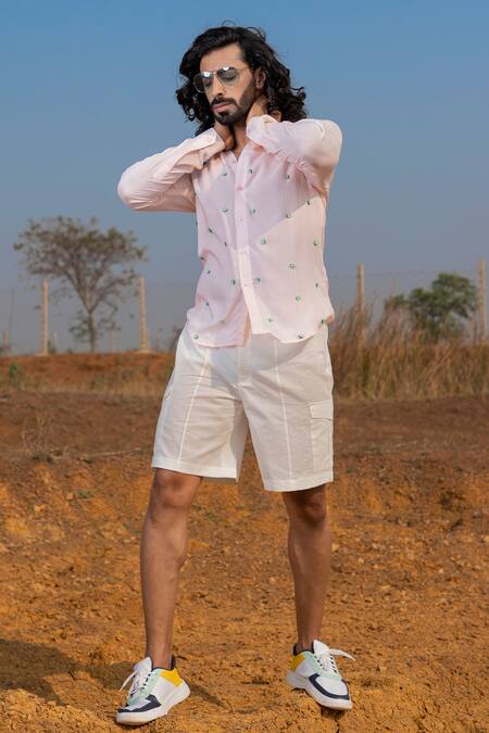 Runit Gupta_Pink Tencel Beads Avocado Embroidered Shirt _at_Aza_Fashions