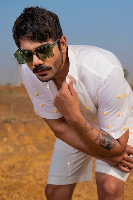 Runit Gupta_White Tencel Beads Button Placket Embroidered Shirt _Online_at_Aza_Fashions