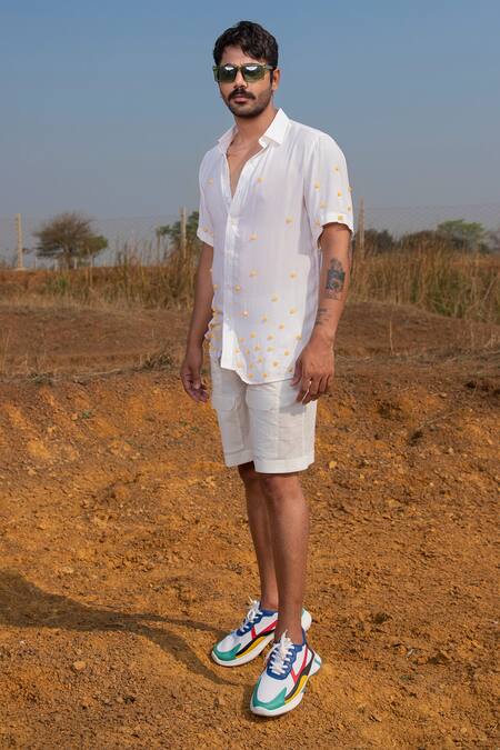 Buy_Runit Gupta_White Tencel Beads Button Placket Embroidered Shirt _Online_at_Aza_Fashions