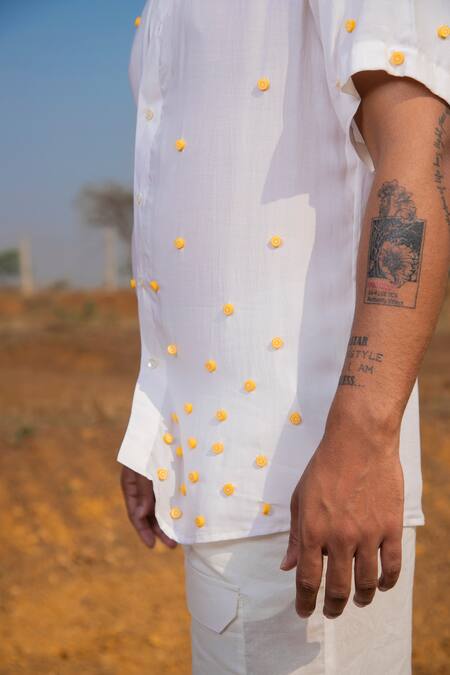 Runit Gupta_White Tencel Beads Button Placket Embroidered Shirt _at_Aza_Fashions