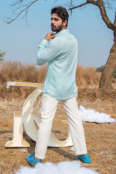Shop_Runit Gupta_Blue Tencel Beads Fruit Embroidered Shirt _at_Aza_Fashions