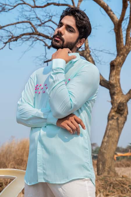 Runit Gupta_Blue Tencel Beads Fruit Embroidered Shirt _Online_at_Aza_Fashions