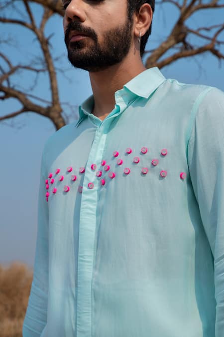 Shop_Runit Gupta_Blue Tencel Beads Fruit Embroidered Shirt _Online_at_Aza_Fashions