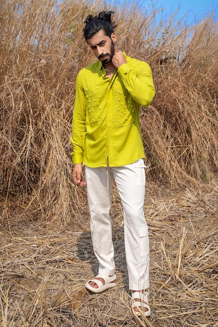 Runit Gupta_Yellow Tencel Beads Embroidered Shirt _Online_at_Aza_Fashions