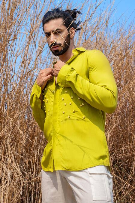 Buy_Runit Gupta_Yellow Tencel Beads Embroidered Shirt _Online_at_Aza_Fashions